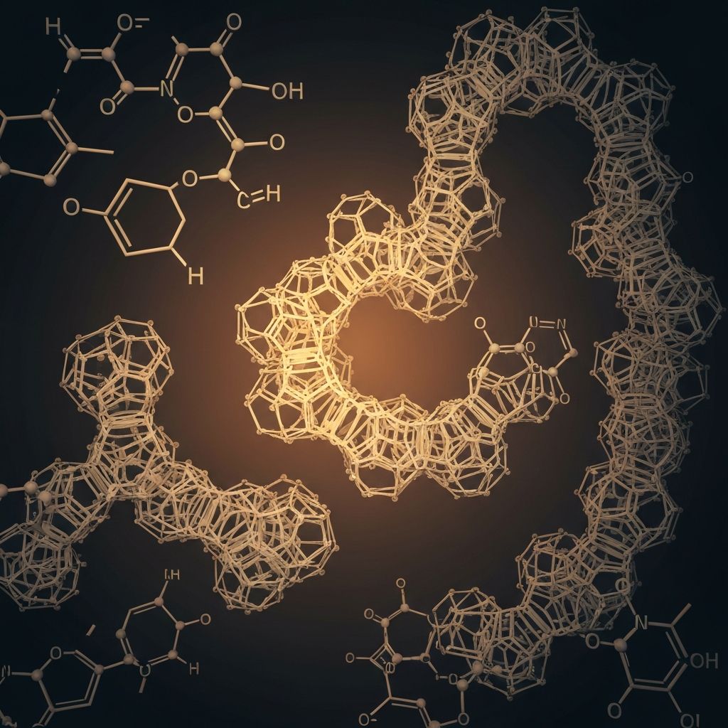 Close-up scientific illustration of amino acid chains and protein structures shown as abstract geometric molecular bonds representation